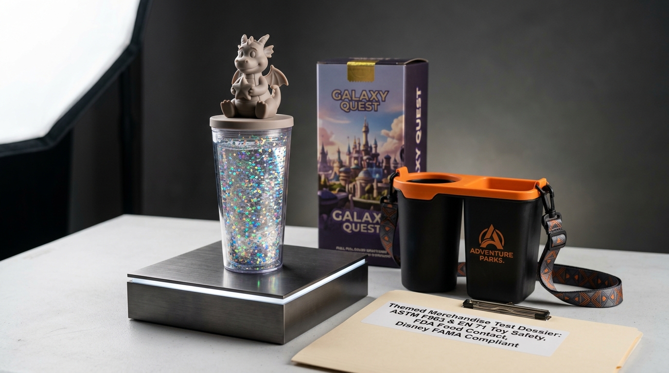 Themed souvenir merchandise featuring floating holographic glitter tumbler with 3D dragon character topper, dual combo snack carrier, retail box, and test report