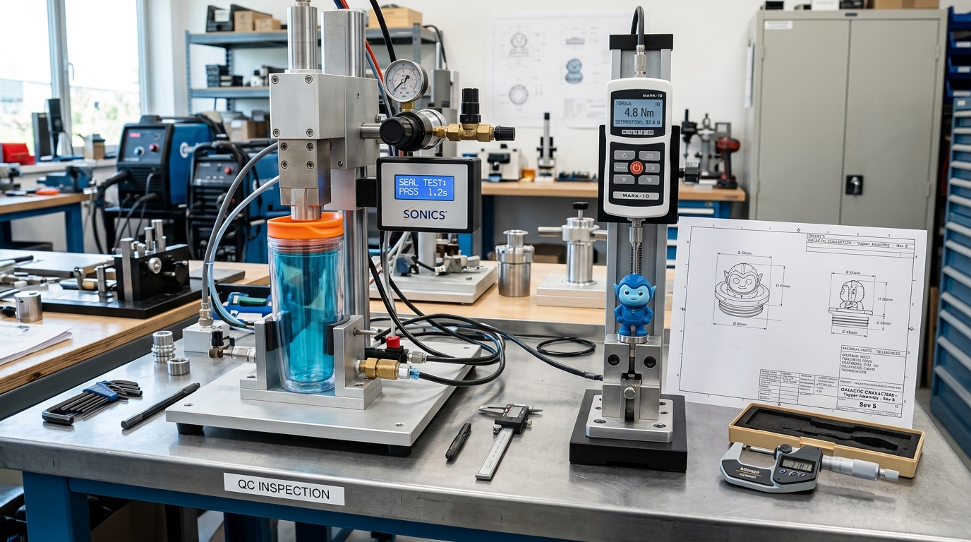 Ultrasonic plastic welding seal testing fixture holding double-wall tumbler alongside tensile pull gauge testing character lid topper, and CAD blueprint