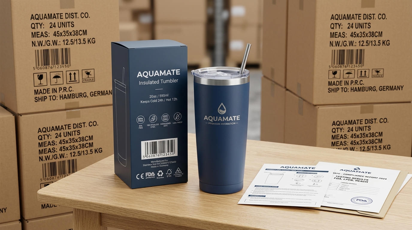 Retail-ready drinkware package with custom tumbler, retail barcode box, spec sheet, compliance dossier, and master cartons